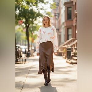 Elegant Peach Ribbon Bows Oversized Pullover